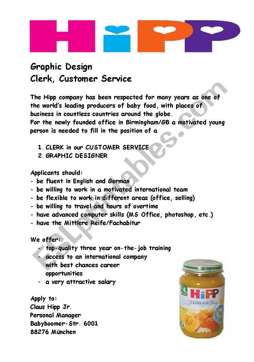 job vacancy at hipp company worksheet