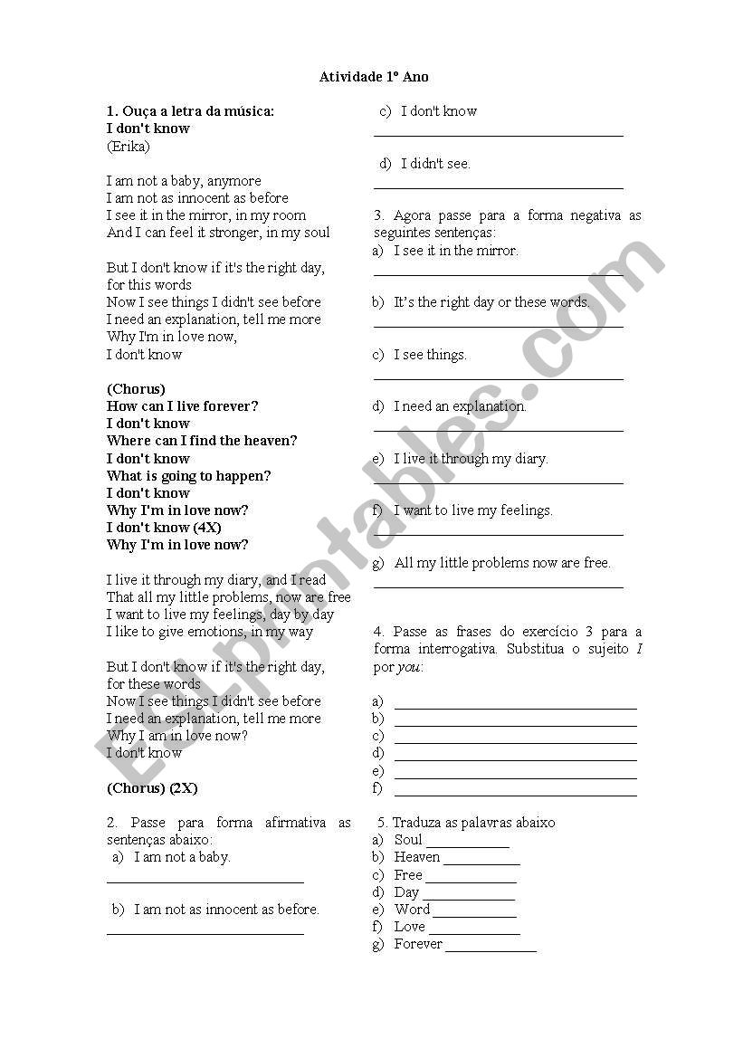 Song I dont know worksheet