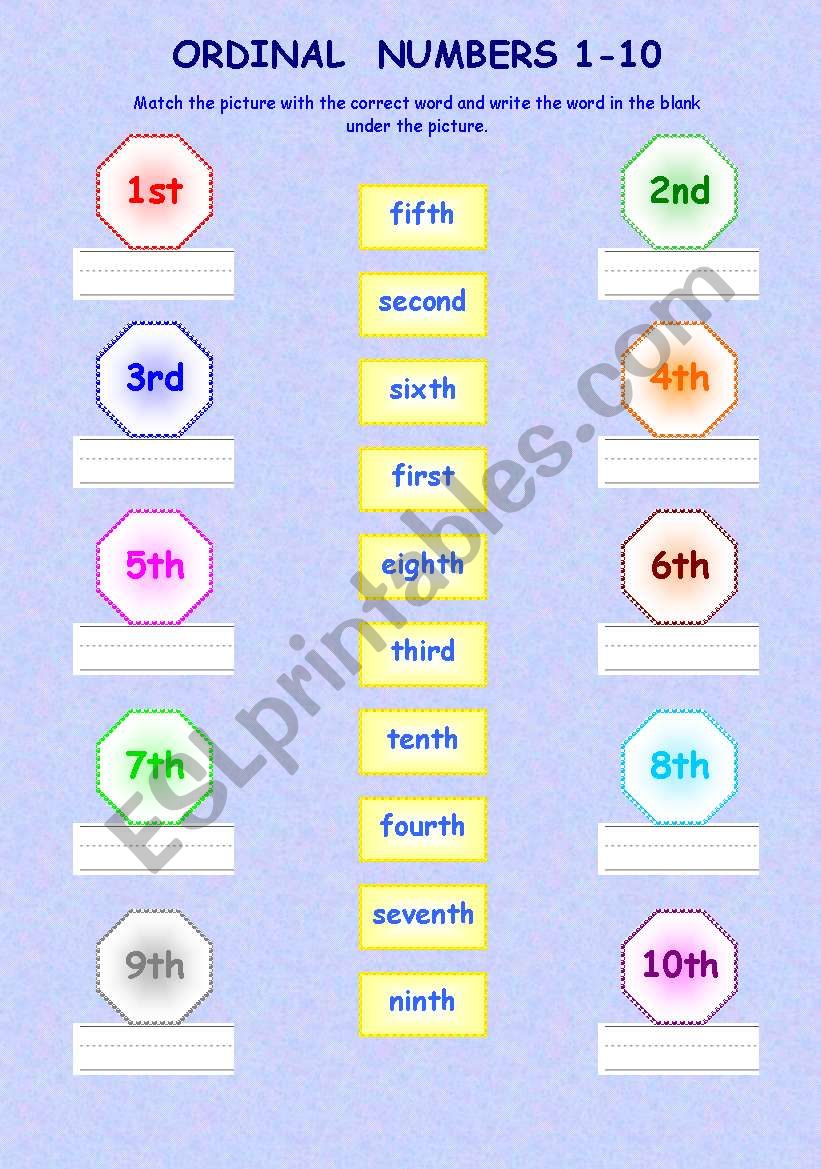 Ordinal Numbers 1 - 10 (colour and B&W)