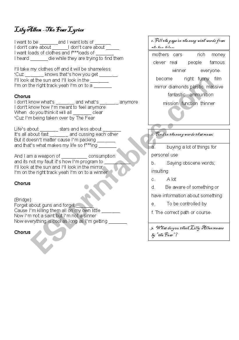 The Fear by Lilly Allen worksheet