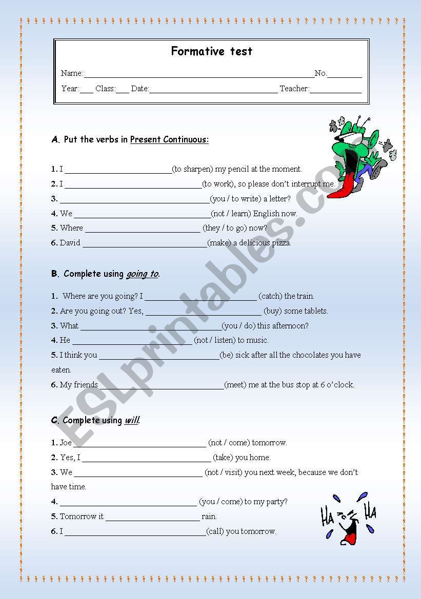 Formative test worksheet