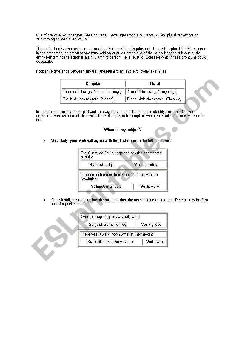Subject Verb Agreement worksheet