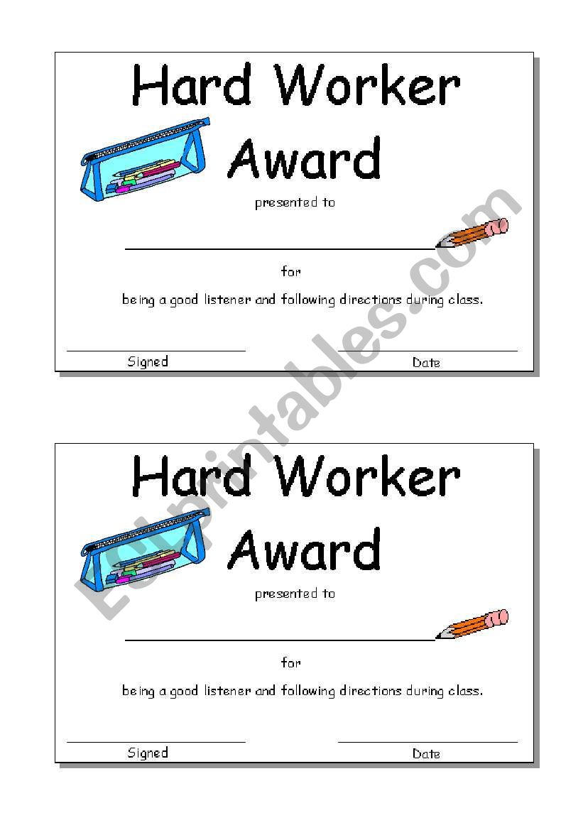 Hard Worker Award worksheet