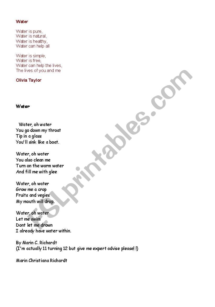 Water poems worksheet