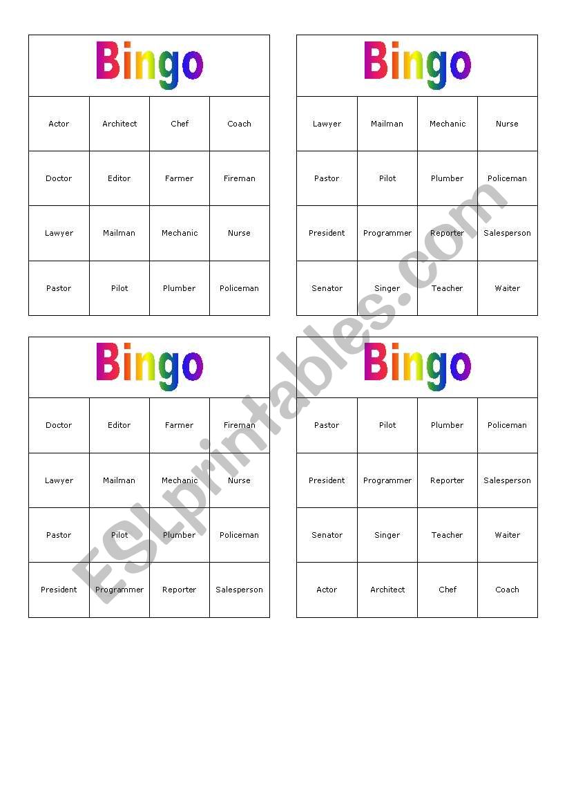 Professions Bingo worksheet