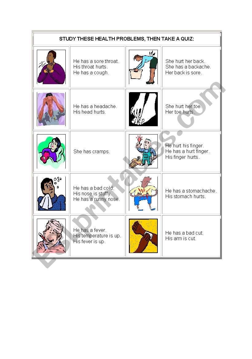 health problems worksheet