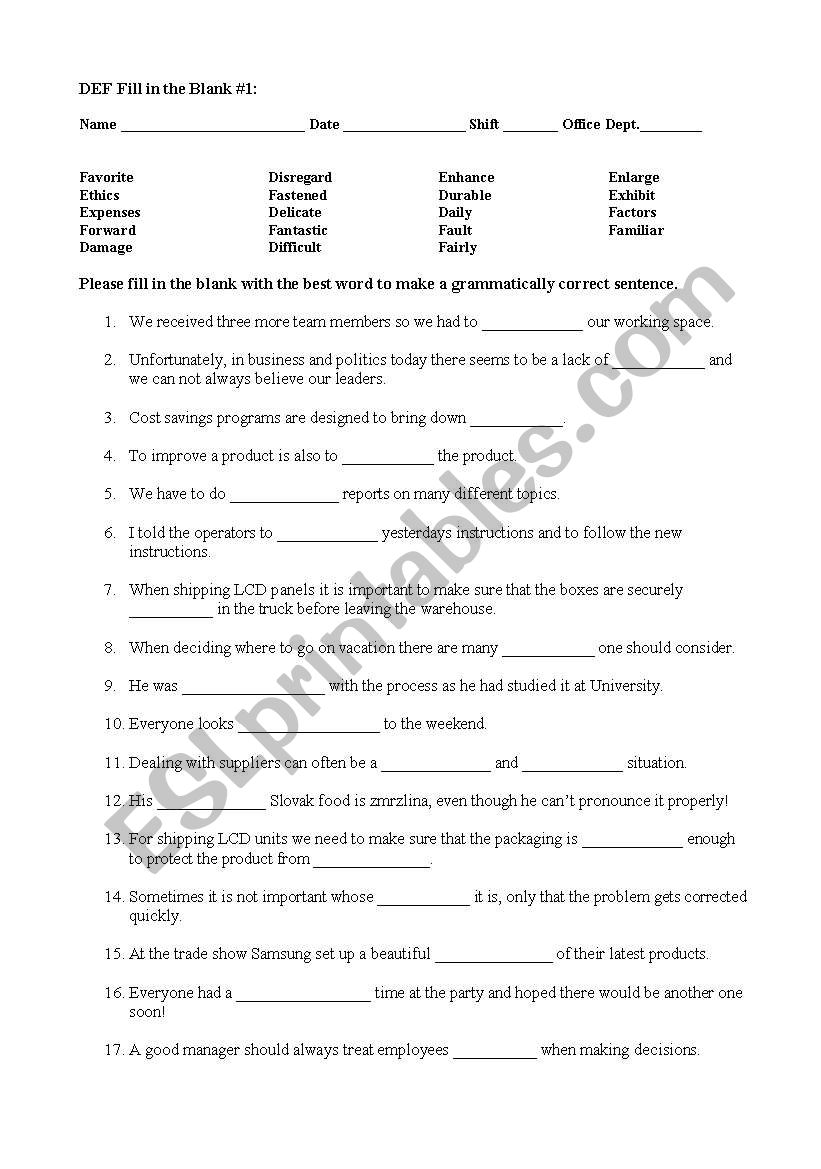 D,E, F, Fill in the Blank #1 worksheet