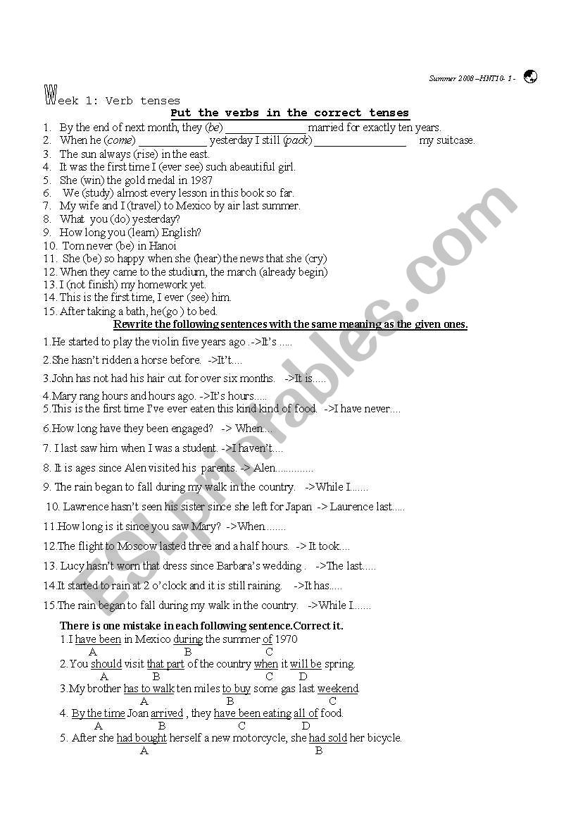 verb tenses worksheet