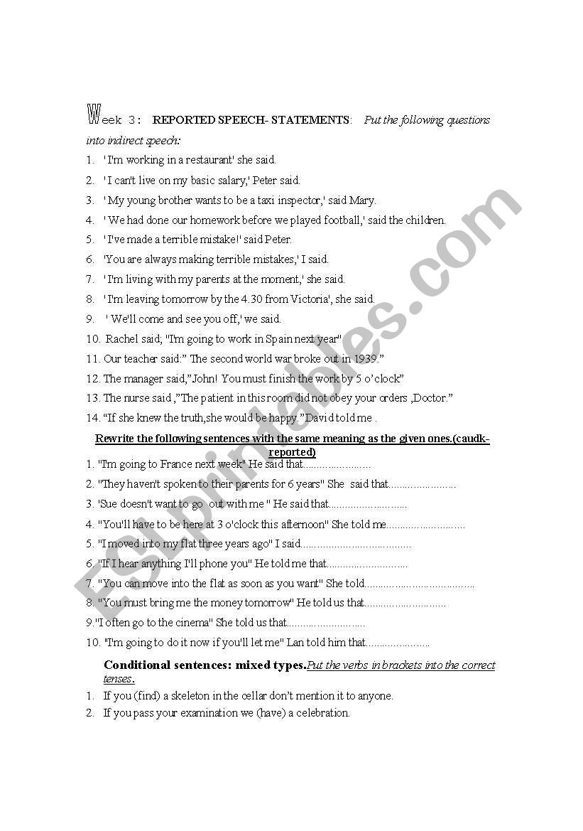 reported speech worksheet