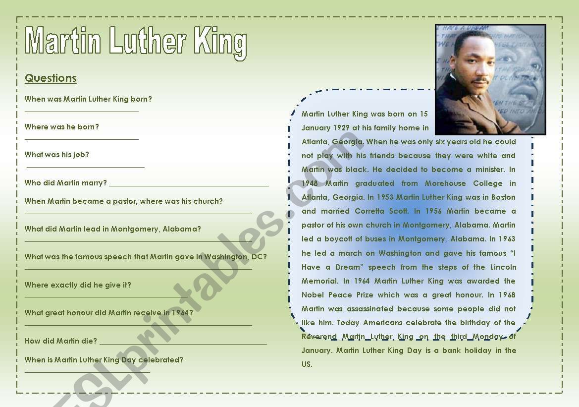 Martin Luther King - Easy text with comprehension questions