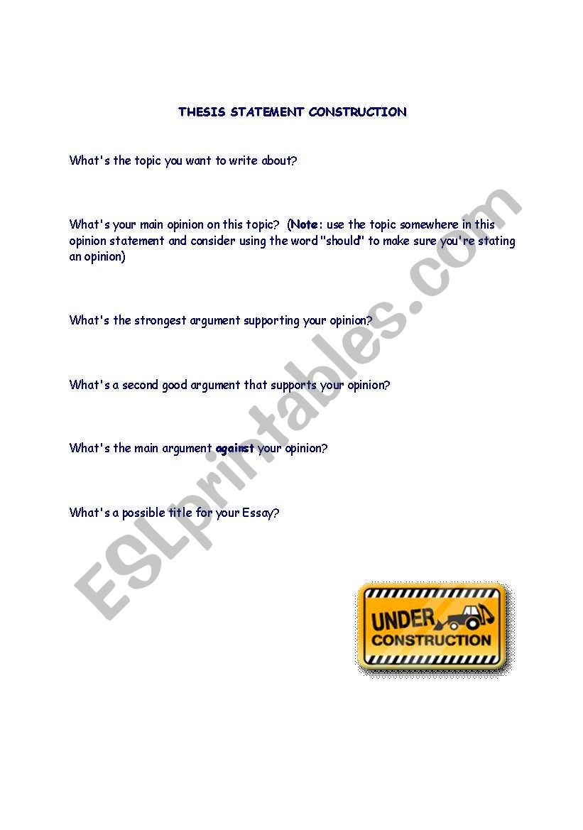 Thesis Statement Construction Worksheet