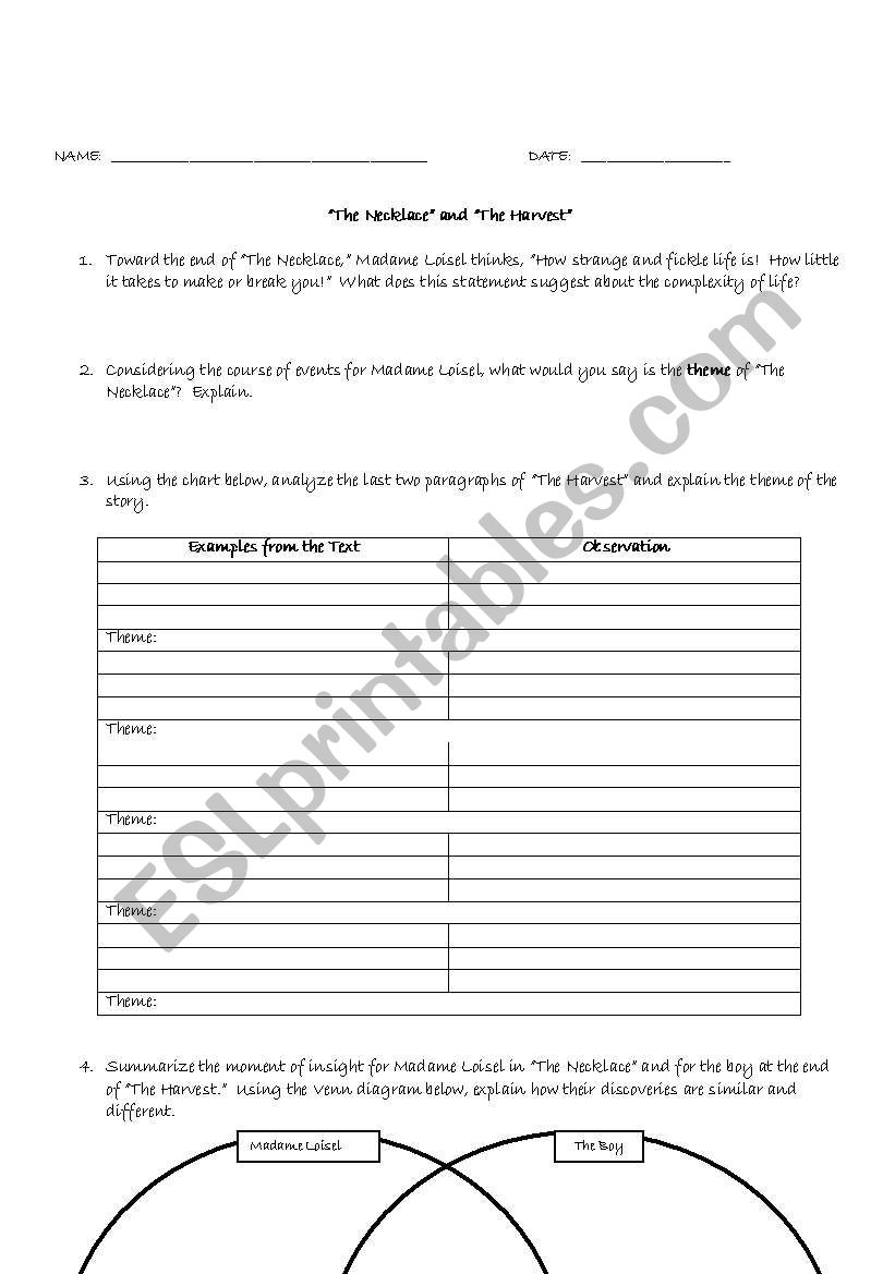 The Necklace and The Harvest Worksheet