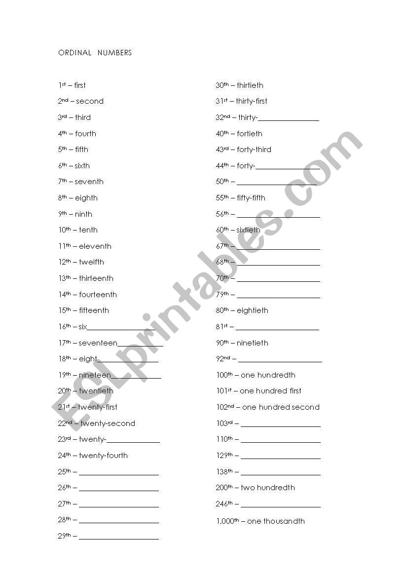 Ordinal Numbers worksheet