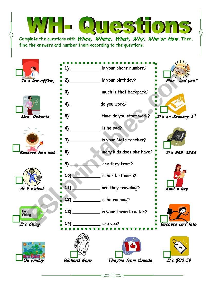 wh questions when where what why who or how esl worksheet by