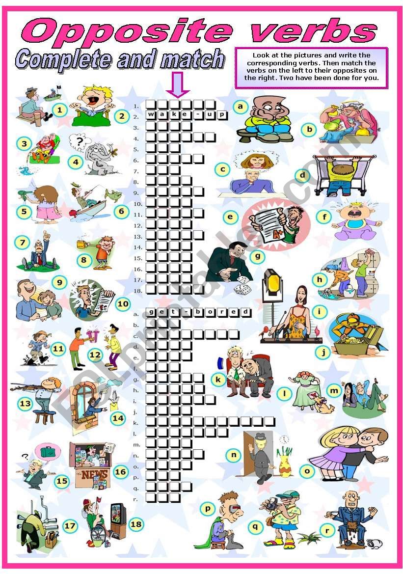 OPPOSITE VERBS - COMPLETE AND MATCH (B&W VERSION INCLUDED)