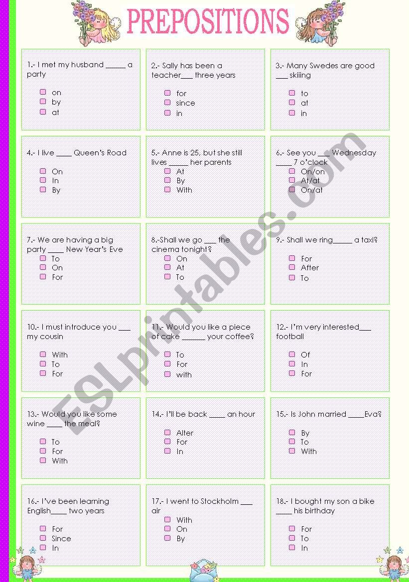 PREPOSITIONS TEST MULTICHOICE worksheet