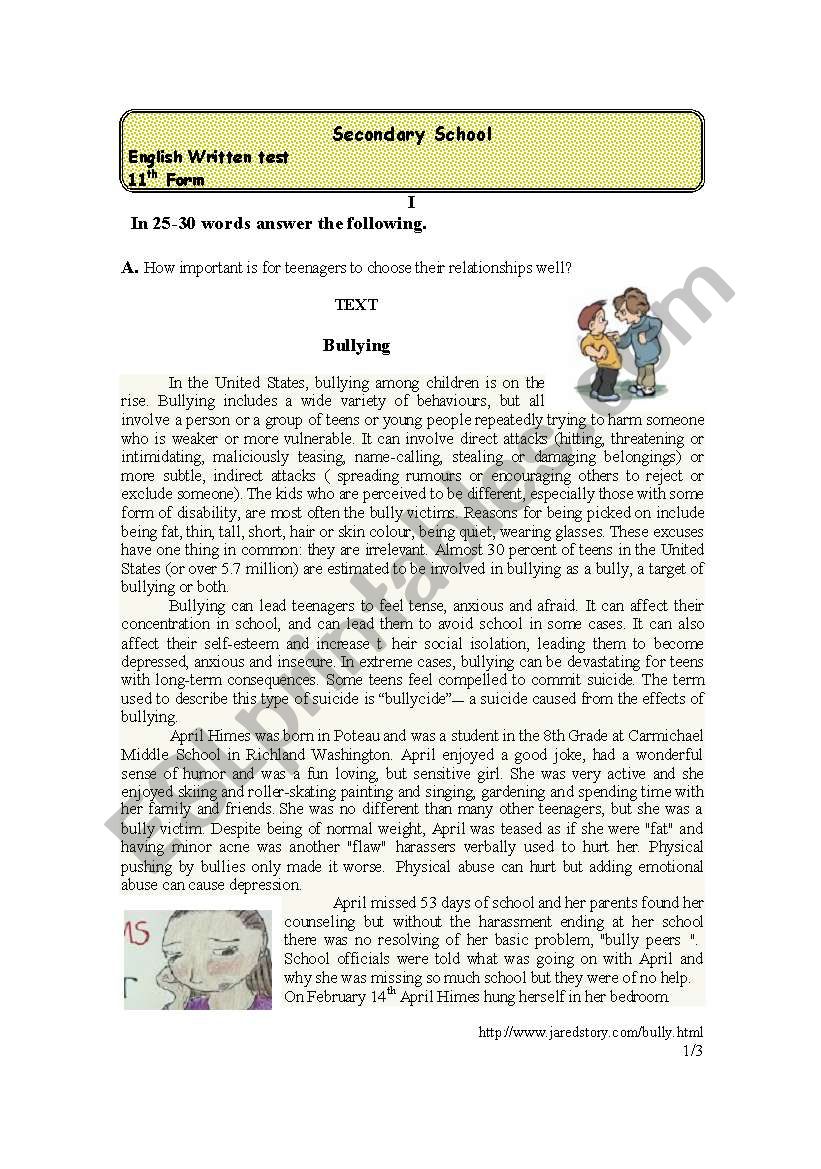 Test on Bullying worksheet