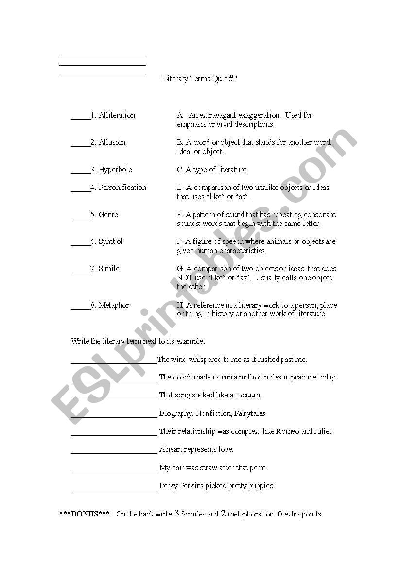 Literary Terms / Figurative Language Quiz - ESL worksheet by nylak21 Regarding Literary Devices Worksheet Pdf