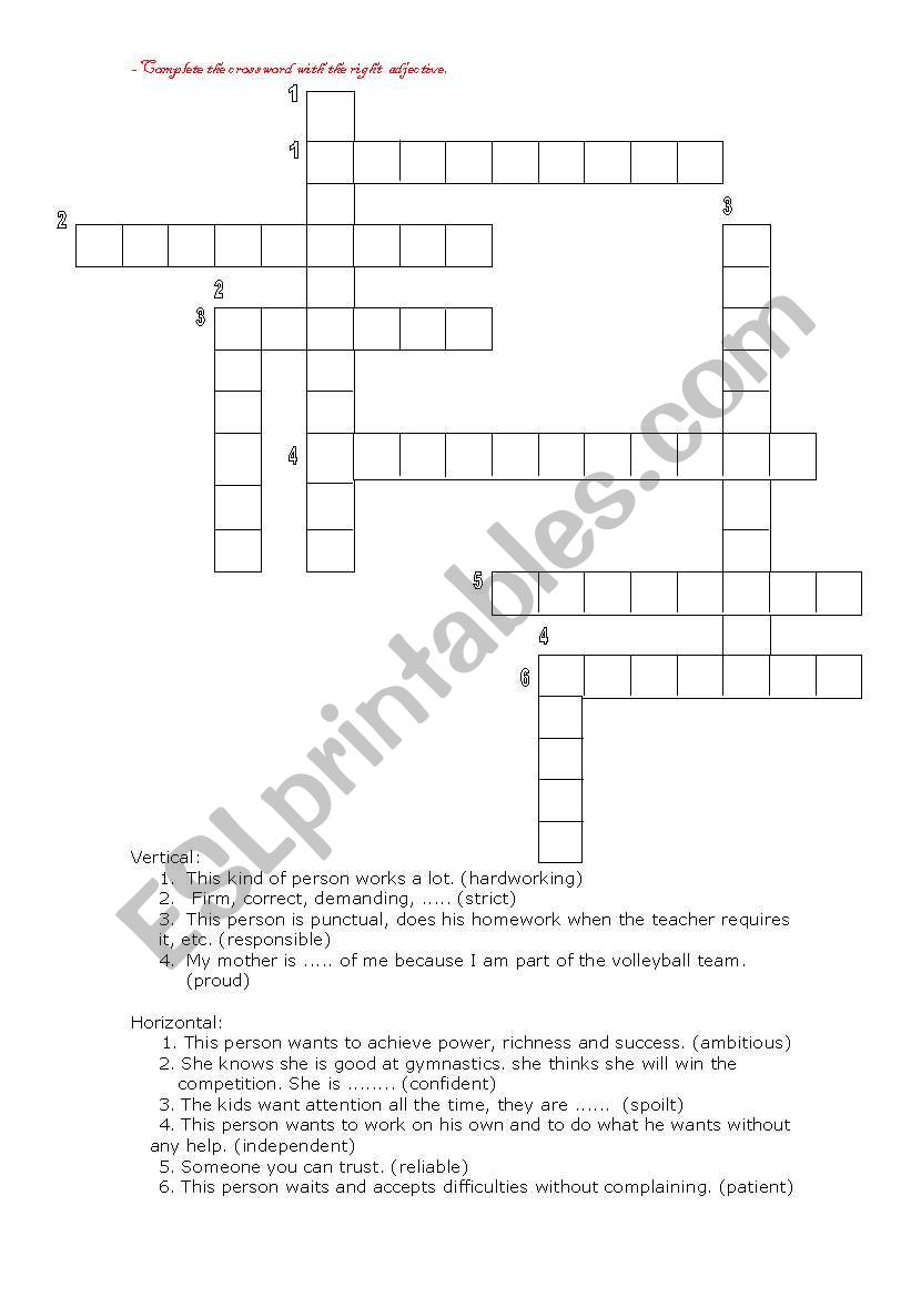 crosswords (for adjectives) worksheet