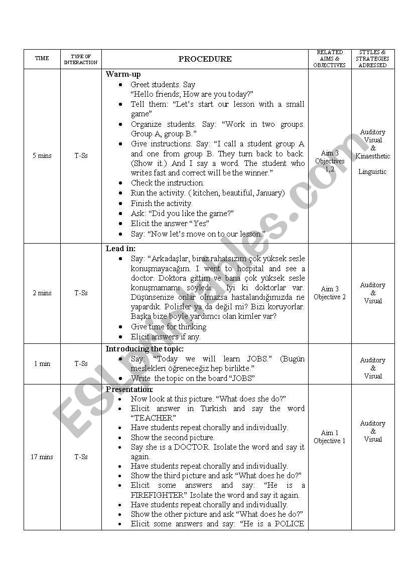 vocabulary lesson plan (jobs with simple present)