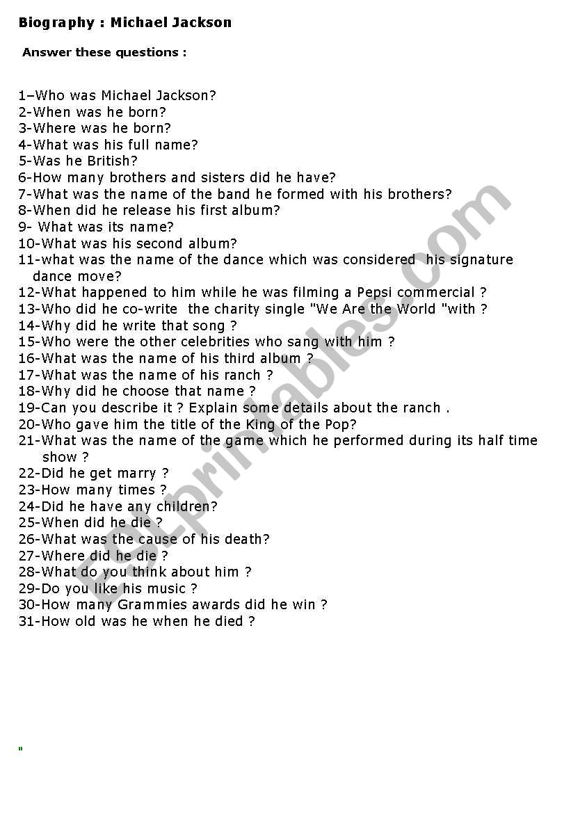 Biography : Michael Jackson  worksheet