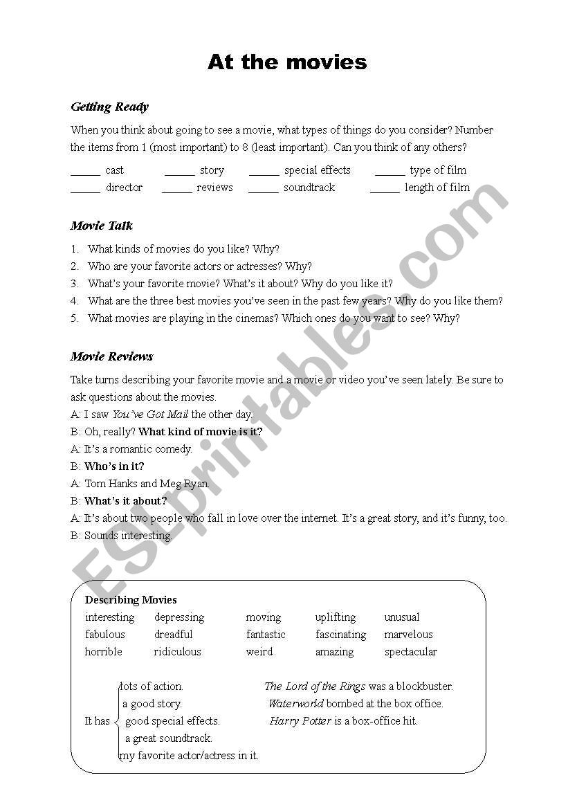 At the movies worksheet