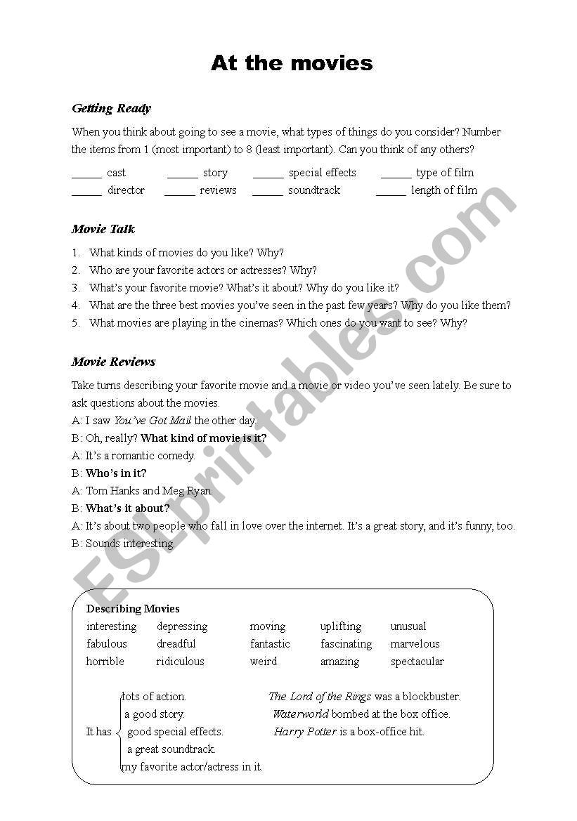 At the movies worksheet