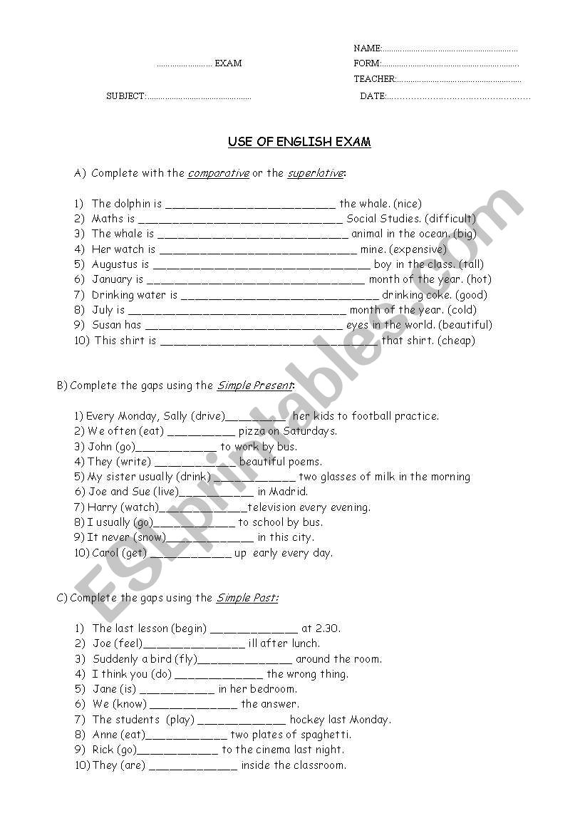 Use of English exam for 3rd form