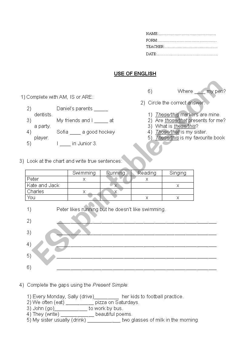 Use of English exam for 3rd form (C)