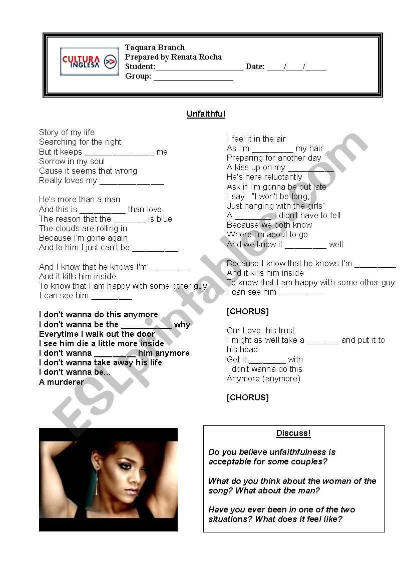 Unfaithful - Rihanna worksheet