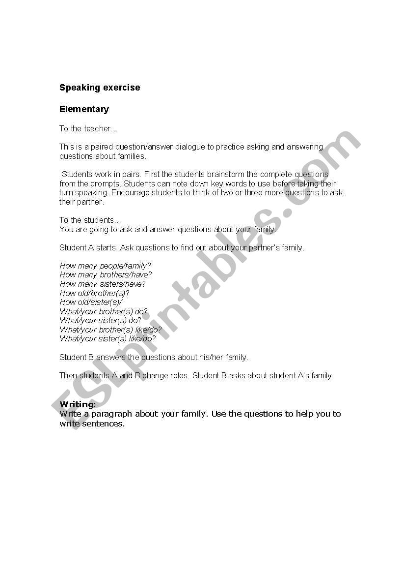 Brothers and sisters worksheet