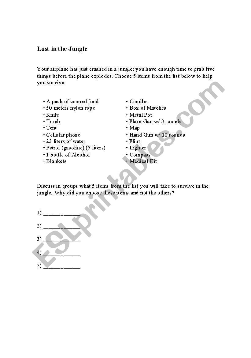 Lost in a jungle worksheet