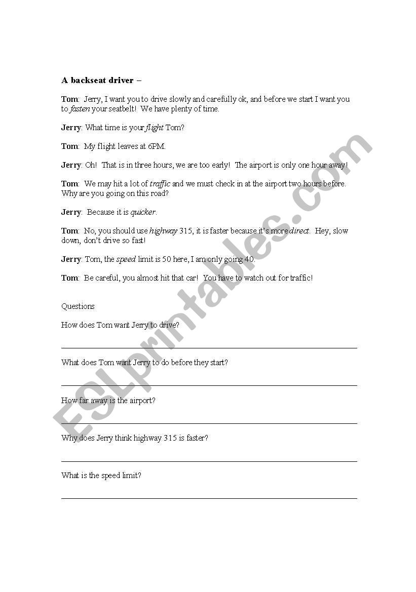 Backseat Driver worksheet