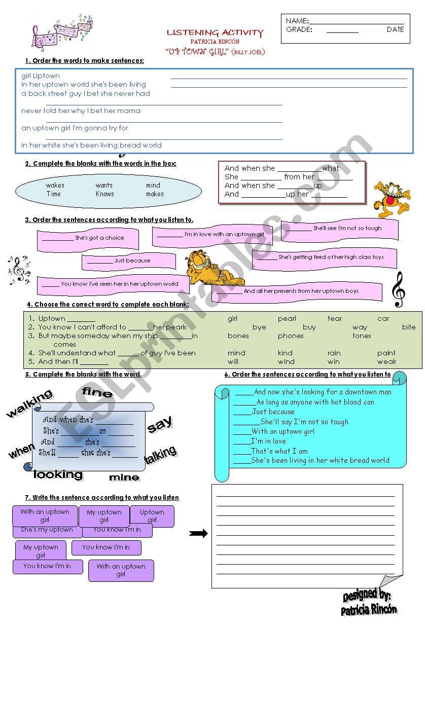 song up town girl worksheet