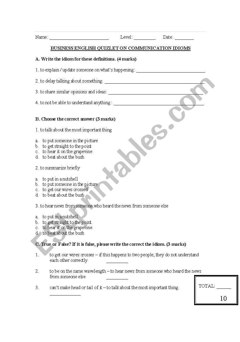 Communication Idioms worksheet