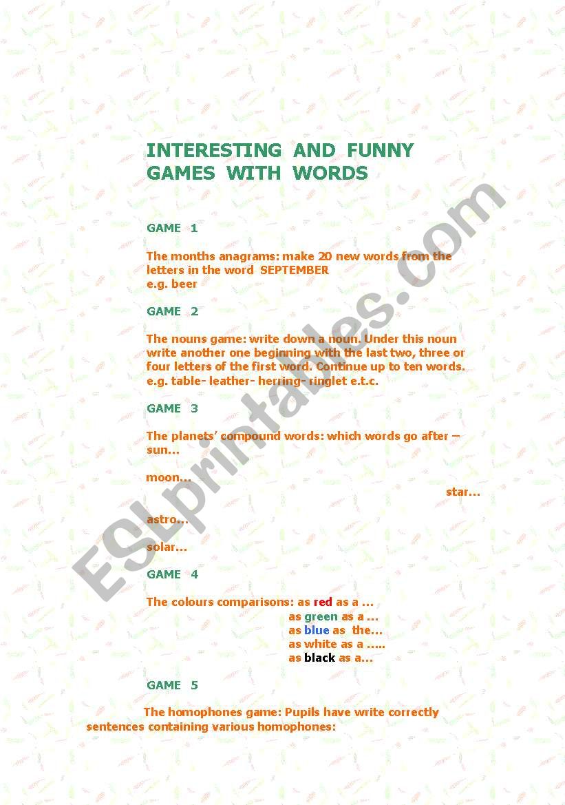 Interesting and funny games with words- A selection of ten games, rules and examples/ all levels