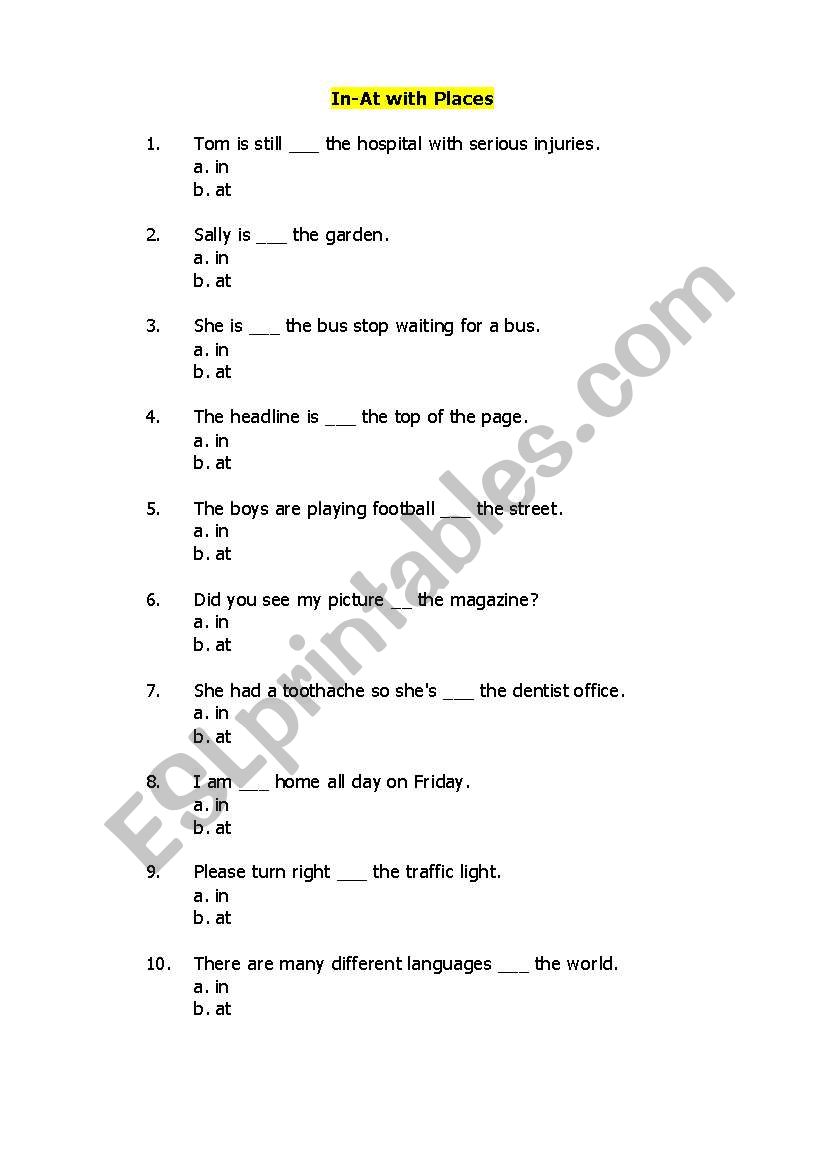 PREPOSITIONS: In or At (with places)