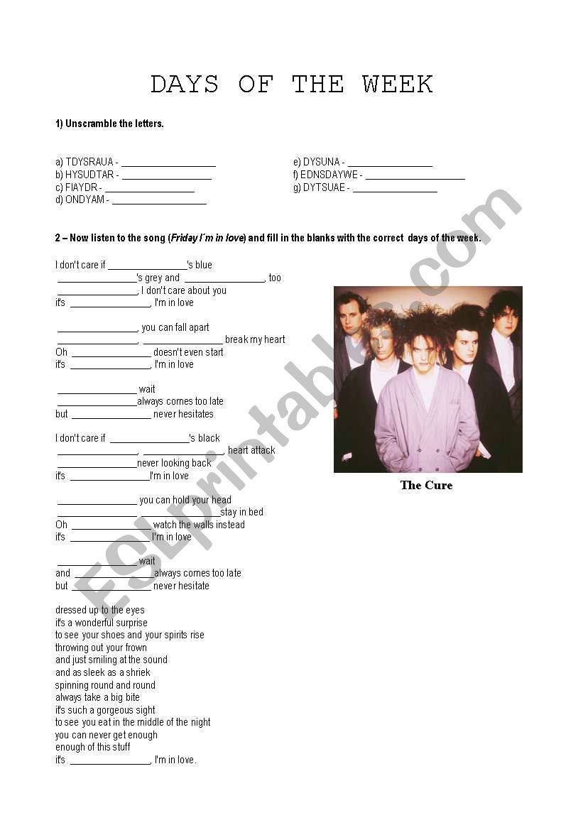 Days of the Week song worksheet