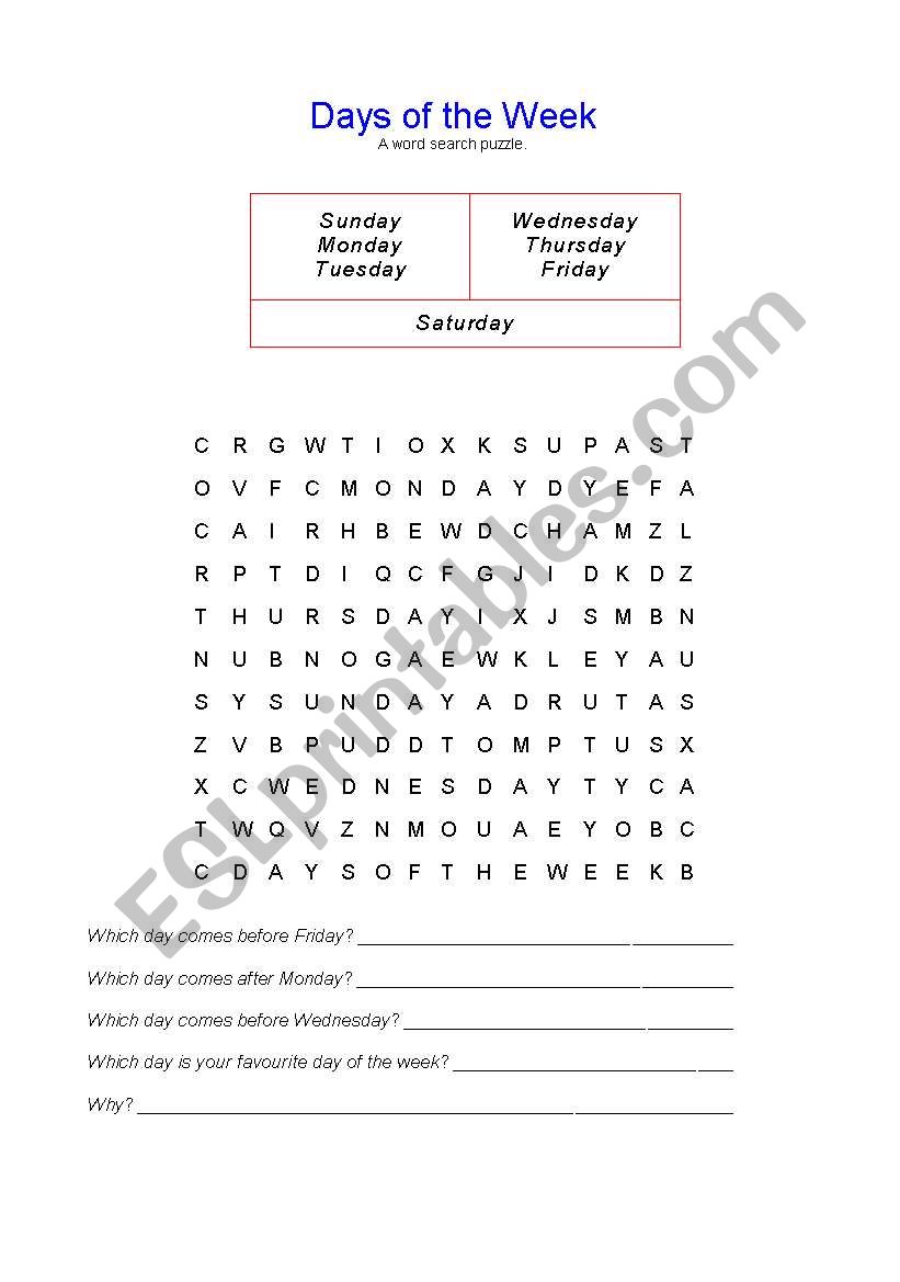 Days of the Week worksheet