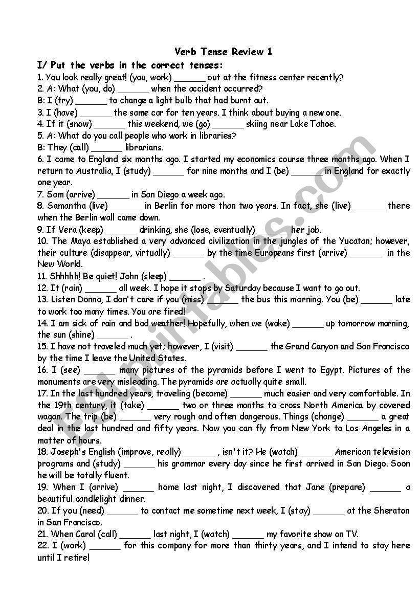 Verb Tense Review 01 worksheet