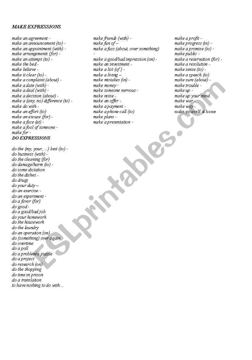 make or do worksheet