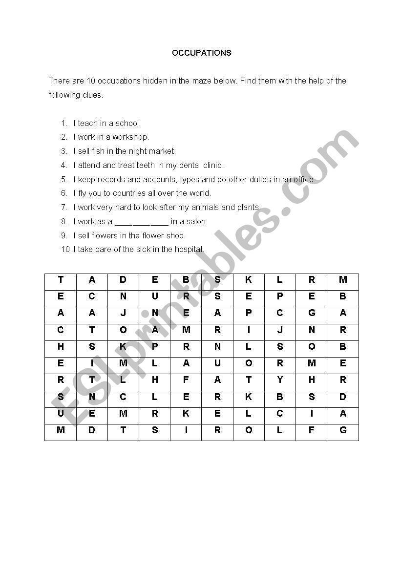 occupations worksheet