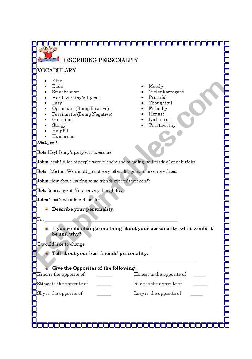 DESCRIBING PERSONALITY worksheet