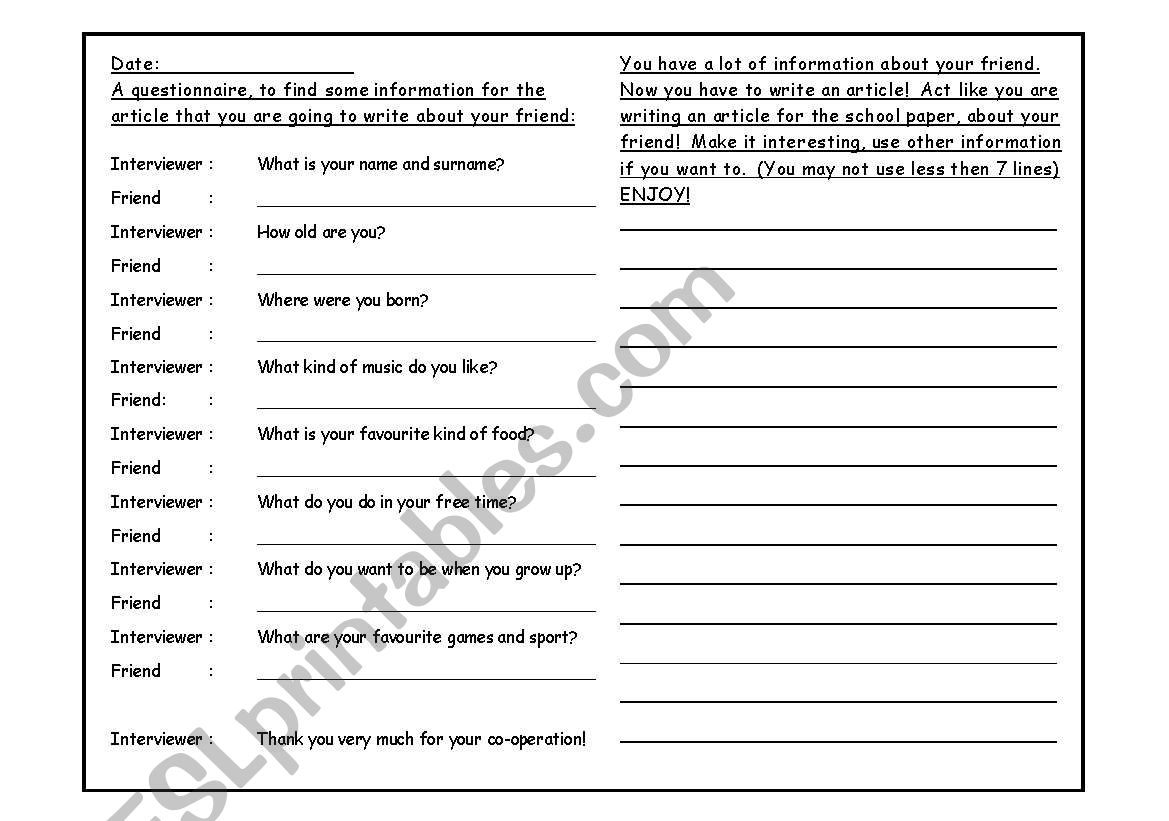 Questionaire worksheet