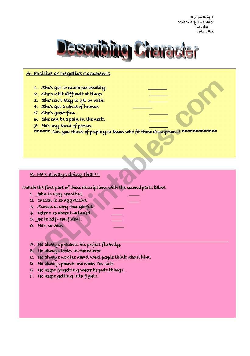 Character and Personality worksheet