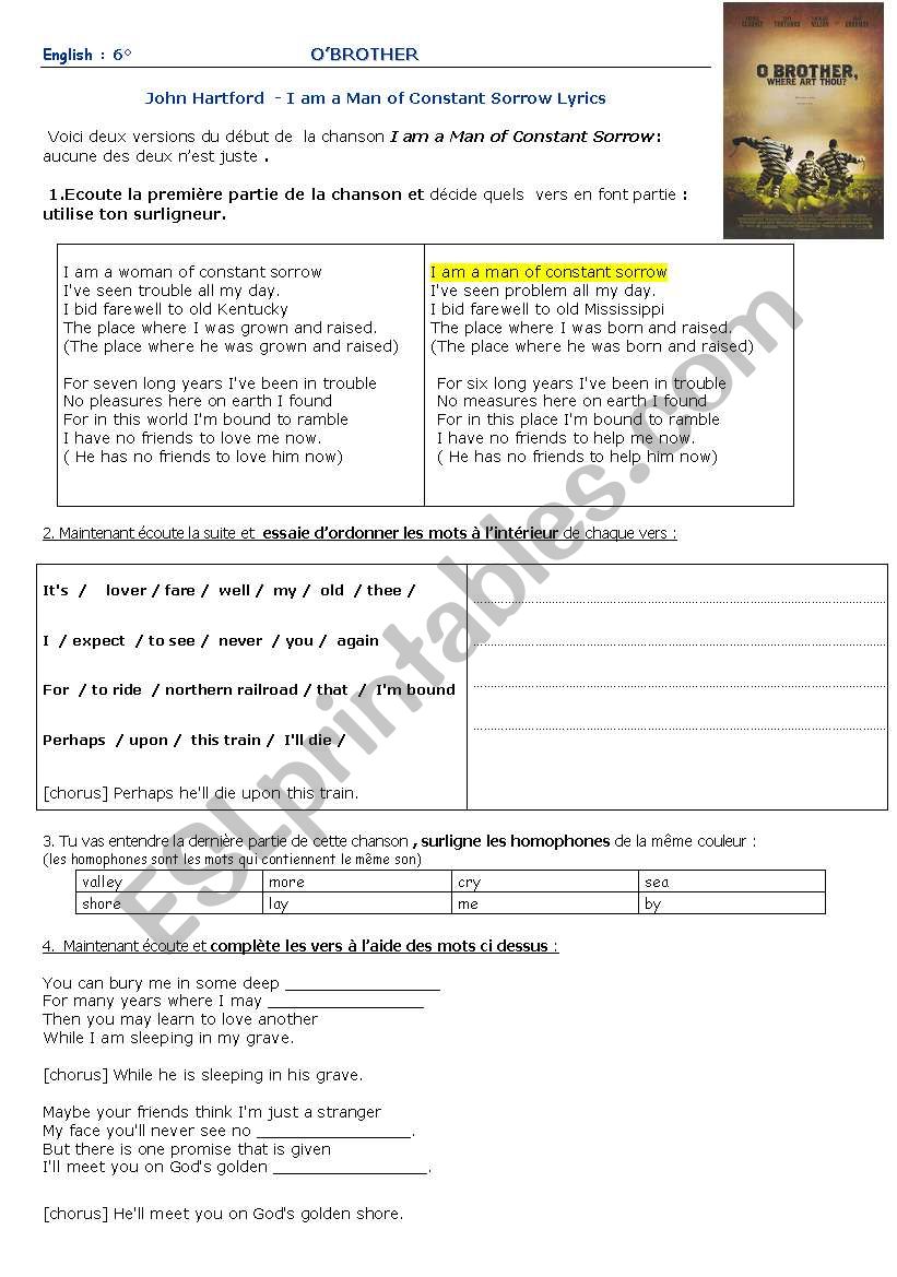 English Worksheets O Brother Song A Man Of Constant Sorrow