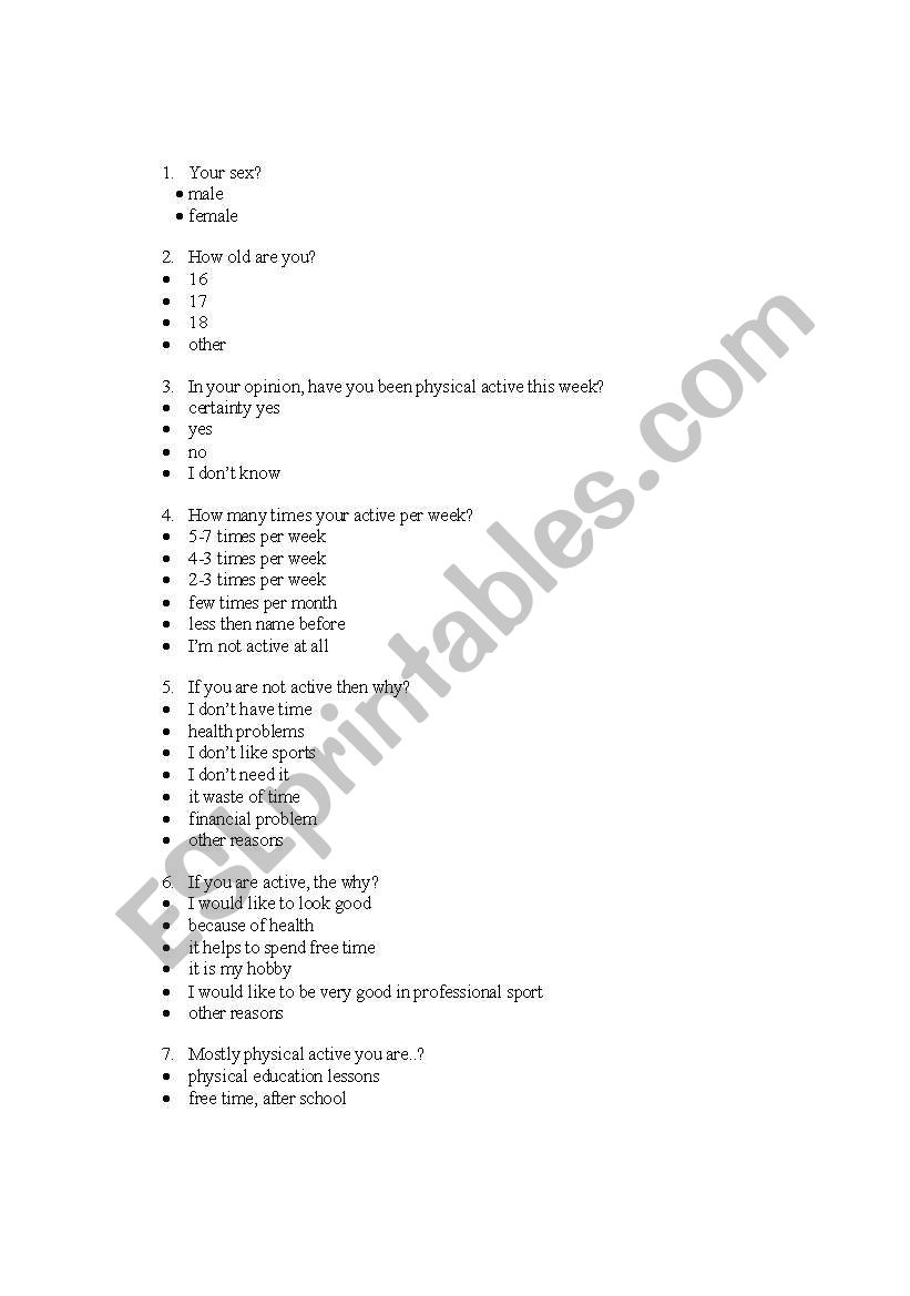 physical activity worksheet