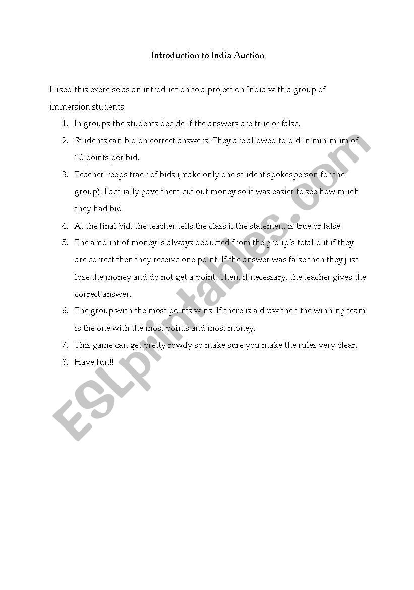 India Auction worksheet