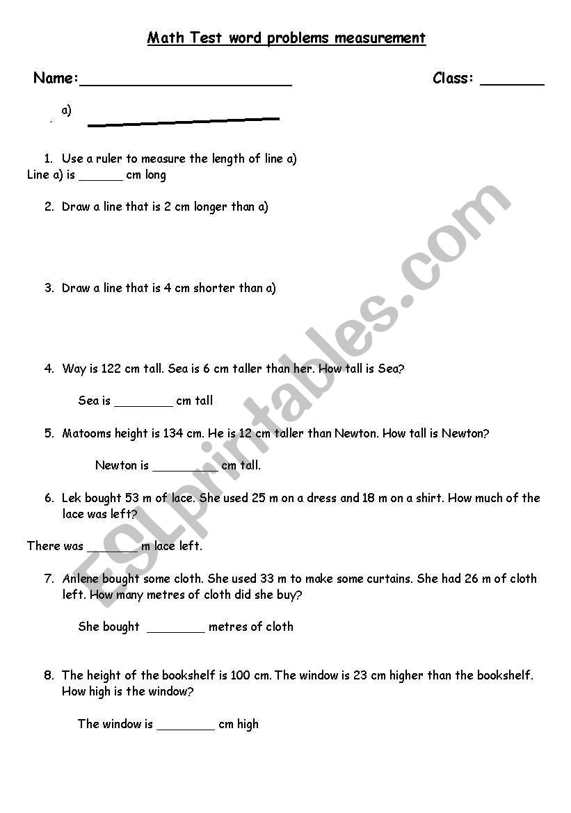 Word problems measurements worksheet