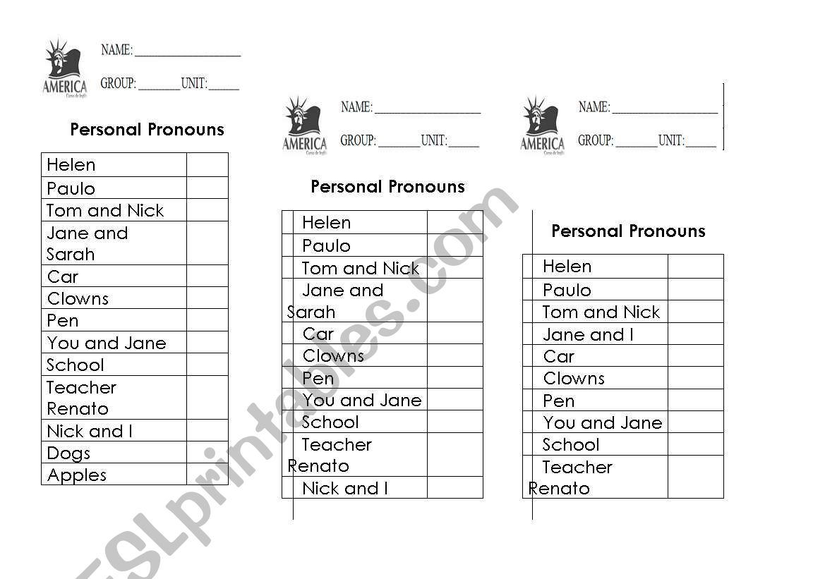 Personal pronouns worksheet